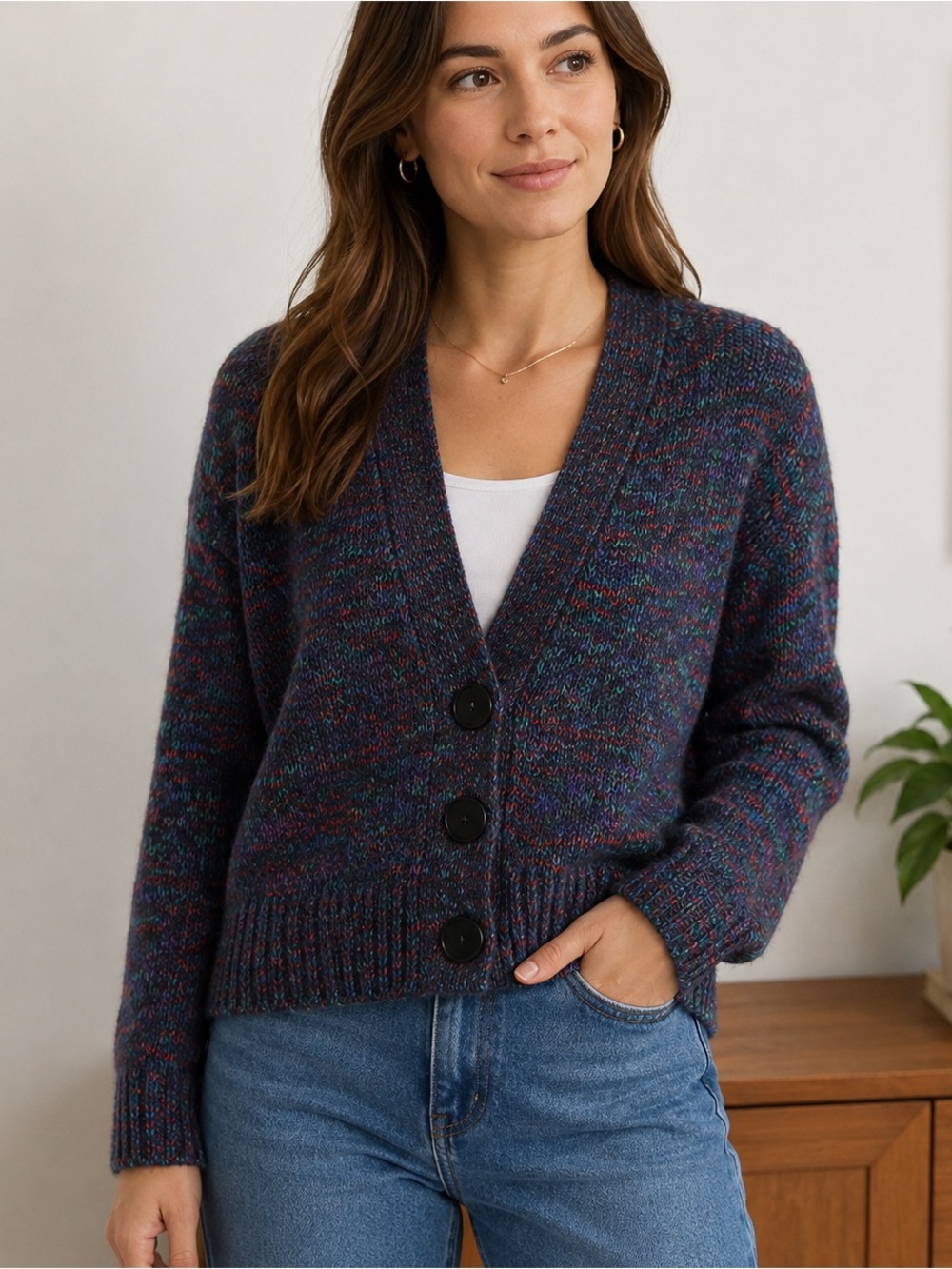 TOI Blue Multicolor Marled Knit Button Cardigan Size Medium
